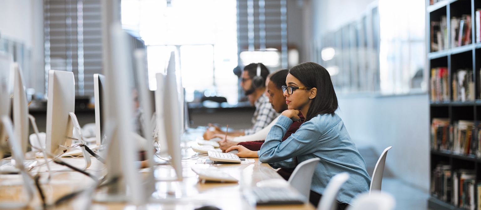 Income-contingent loans: Students sit at computers in a library.