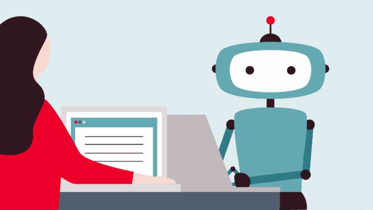 Ilustracija žene ispred računala okrenute prema robotu
