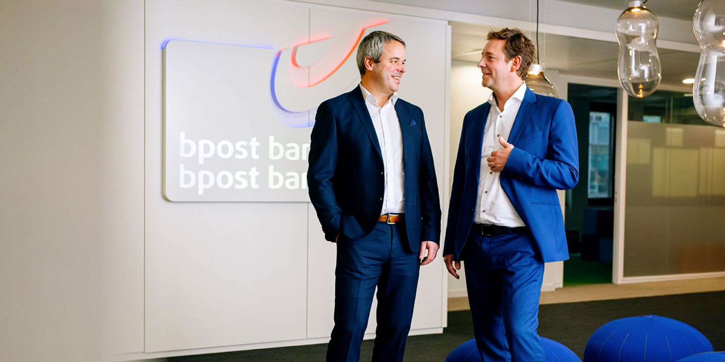 Ivan Demuynck and Roel Dumont at the Brussels headquarters of bpost bank.