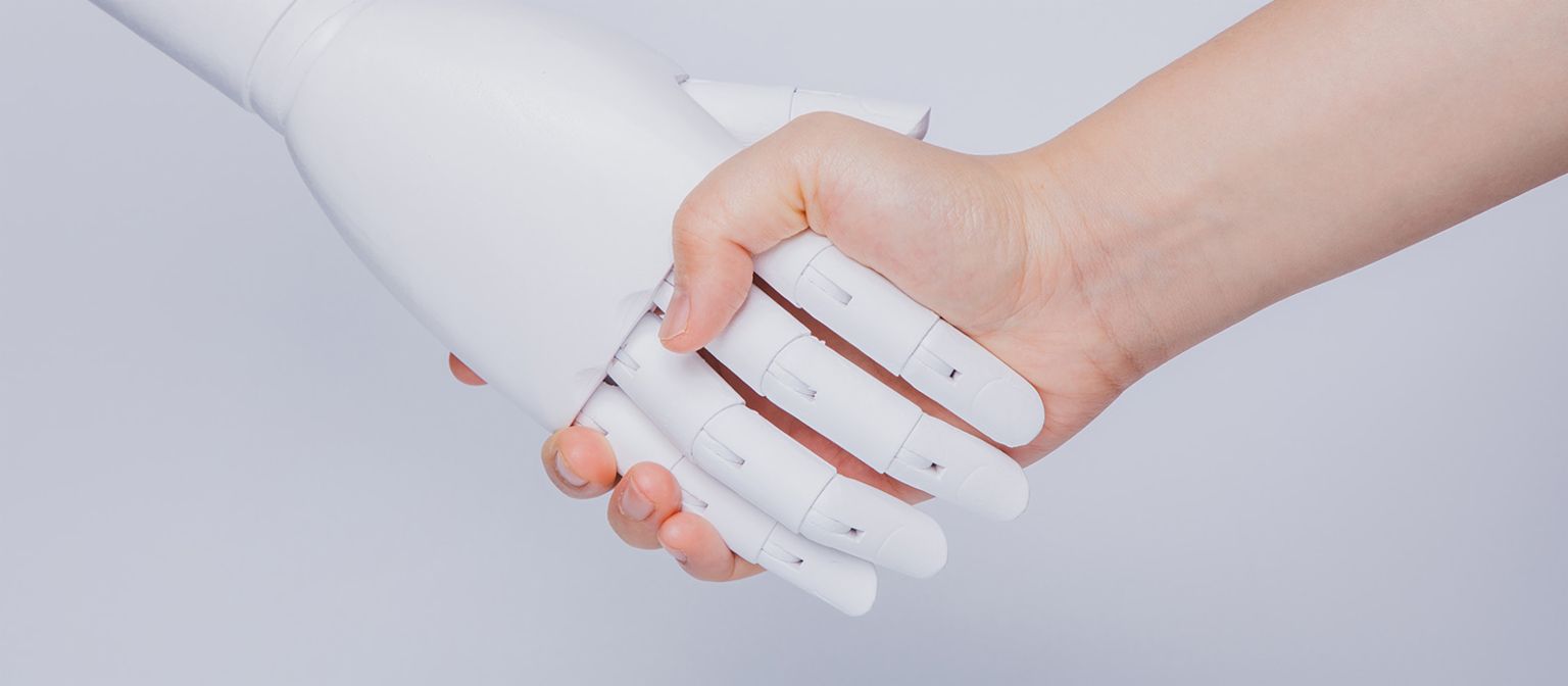 Chatbots in debt collection service: Robot and human being shake hands.